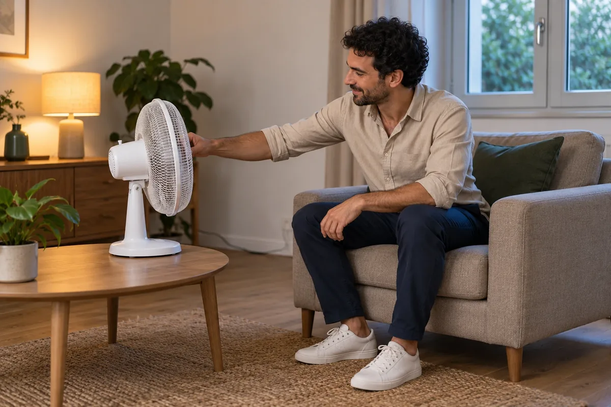 Un homme règle un ventilateur posé sur une table stable, avec son câble rangé le long du mur.