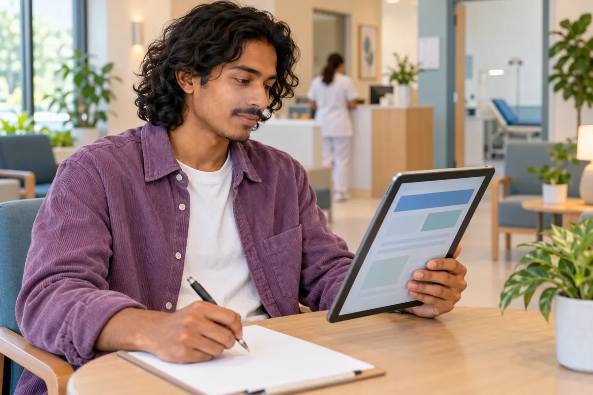 Un homme consulte une page abstraite sur une tablette et prépare ses questions dans un centre de santé.