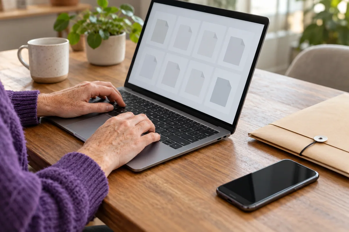 Des mains utilisent un ordinateur affichant des vignettes neutres de documents près d'une pochette fermée.