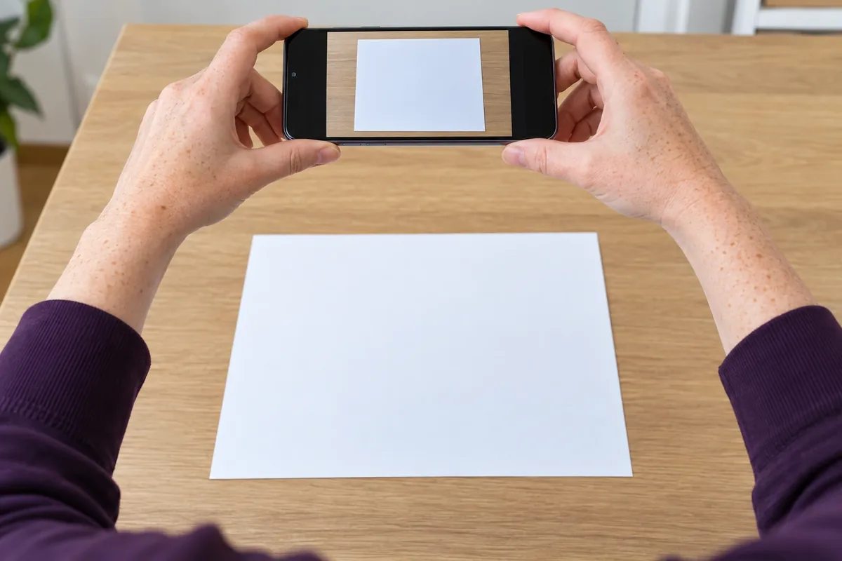 Deux mains photographient avec un téléphone une page blanche entière posée à plat sur une table éclairée.