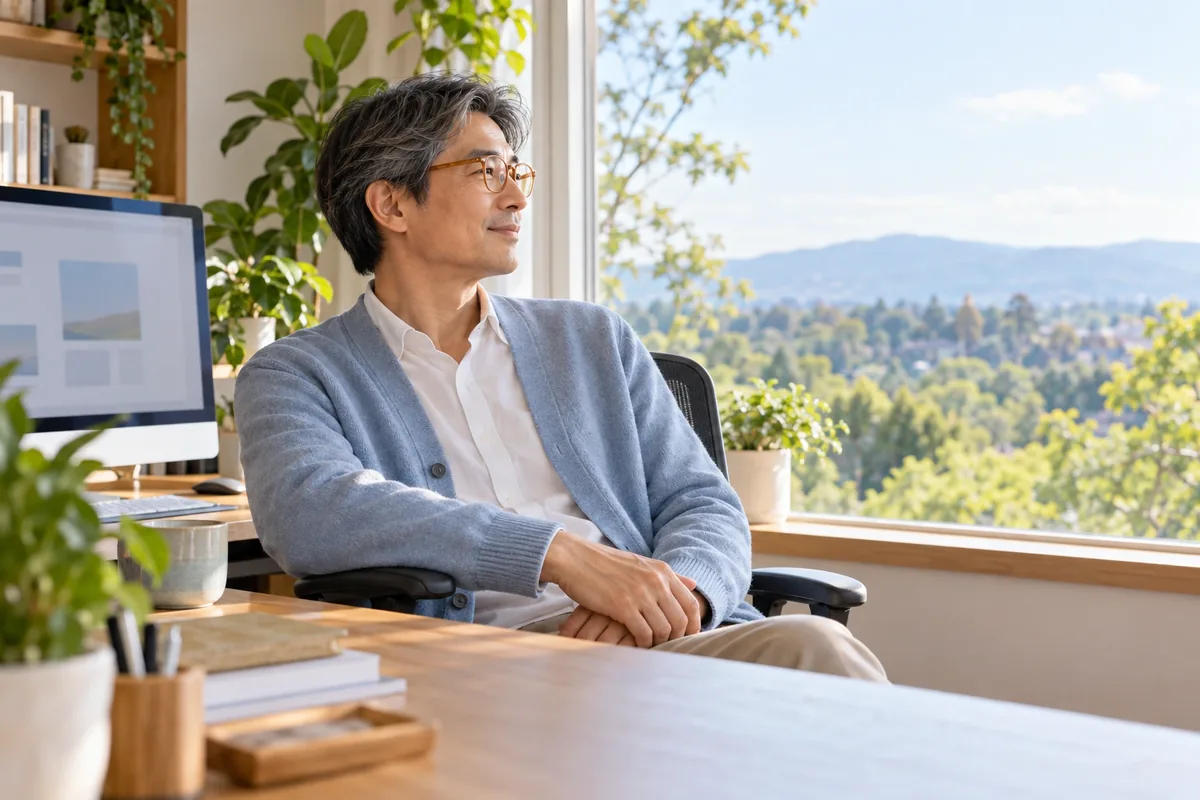 Un homme assis à son bureau détourne calmement son regard de l’écran vers les arbres au loin.