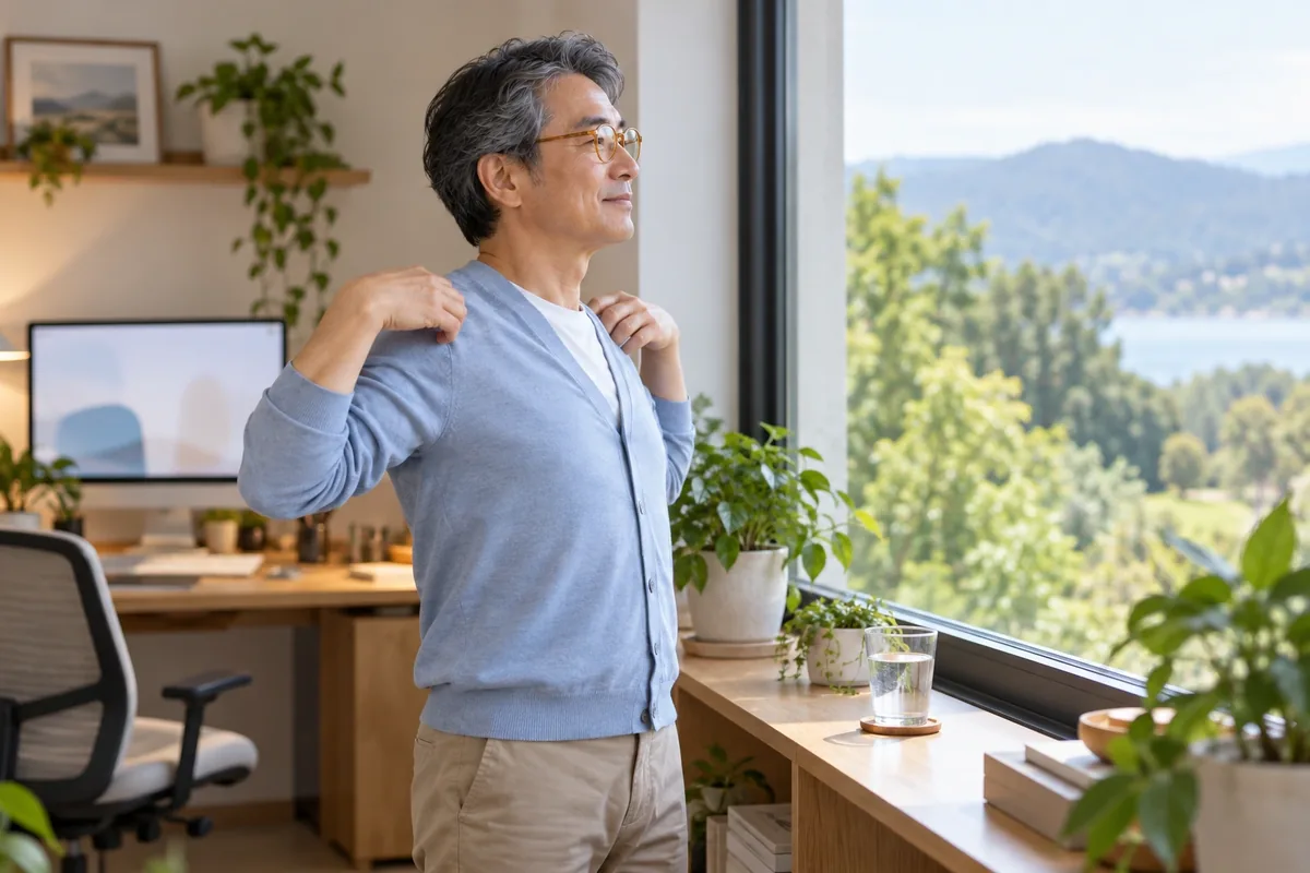 Debout près d’une fenêtre, un homme regarde au loin tout en relâchant doucement ses épaules.