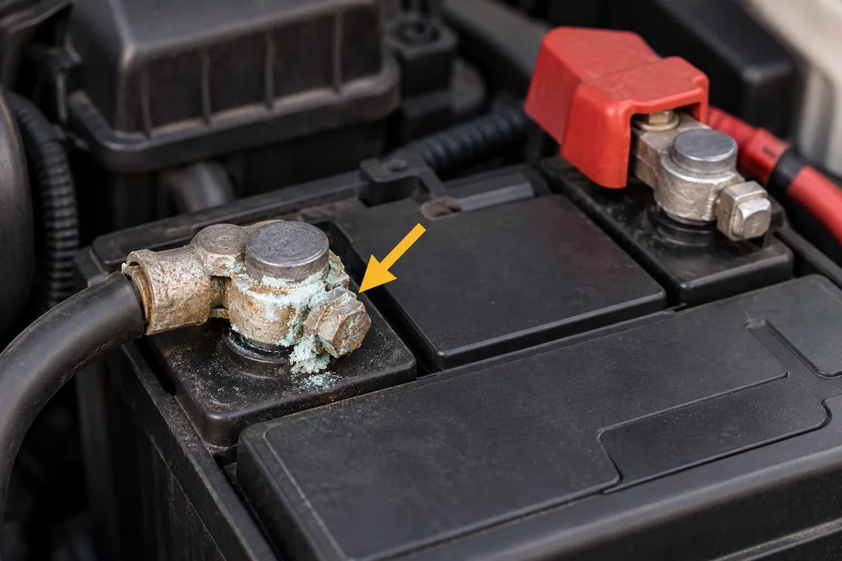 Gros plan d'une borne de batterie de voiture couverte d'un dépôt de corrosion verdâtre, signalée par une flèche jaune