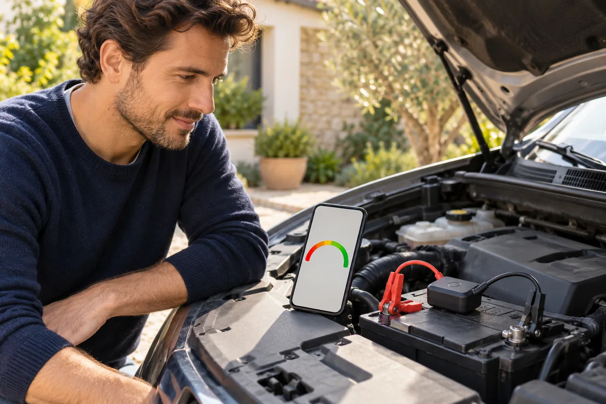 Un testeur sans fil est raccordé à une batterie de voiture et transmet une jauge sans texte au téléphone.