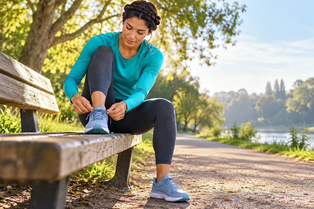 Une coureuse assise sur un banc ajuste les lacets de sa chaussure avant de partir sur un chemin.