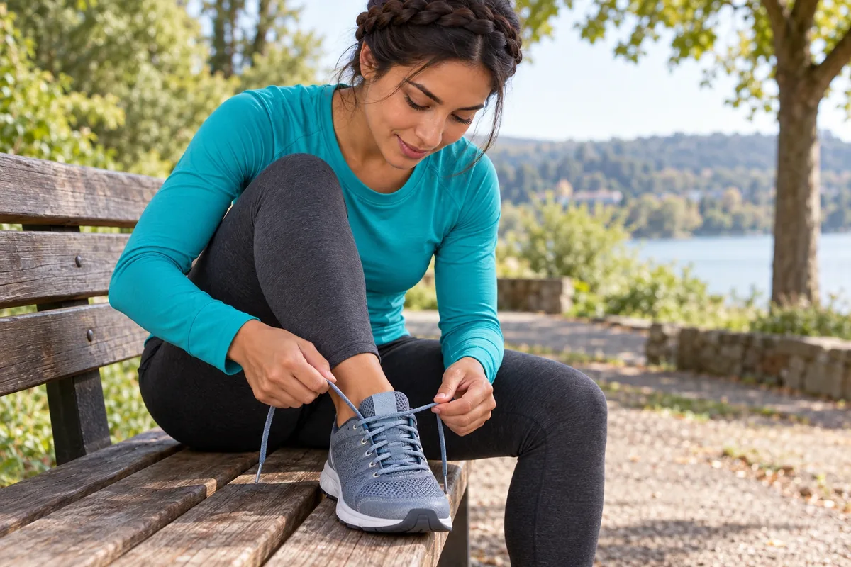 Une coureuse resserre progressivement une chaussure aux lacets relâchés, la languette bien centrée.