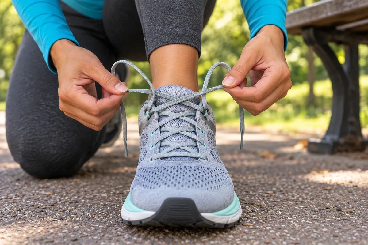 Deux mains croisent les lacets dans les boucles des œillets supérieurs d’une chaussure de course.