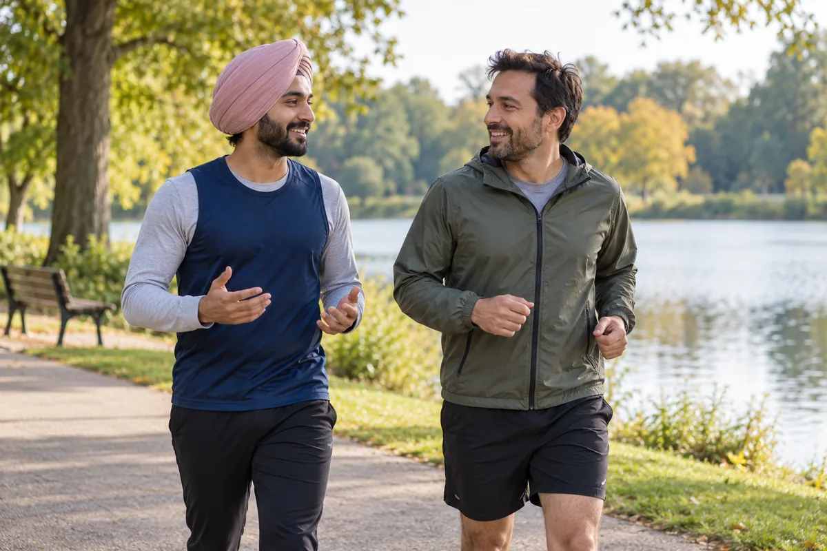 Deux hommes courent lentement côte à côte dans un parc et discutent avec une allure détendue.