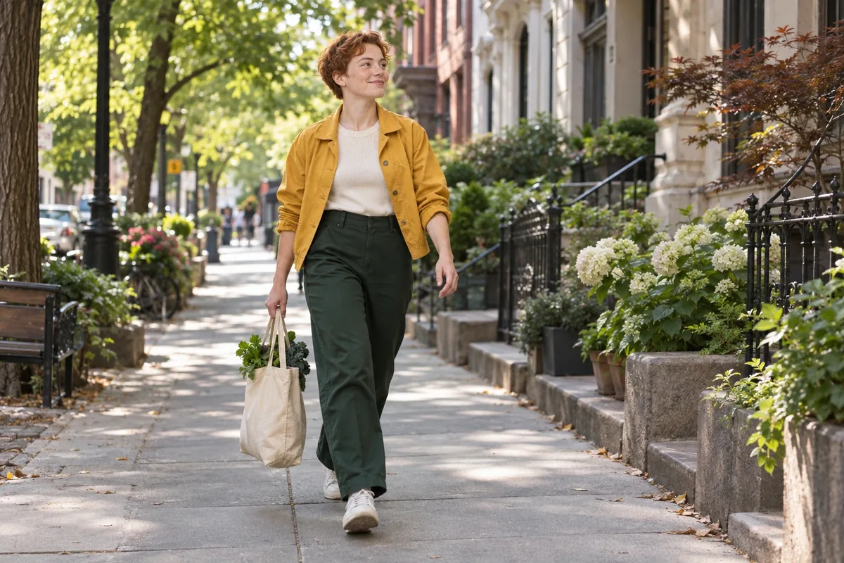 Une personne aux cheveux cuivrés marche d’un pas soutenu dans une rue arborée avec un petit sac.