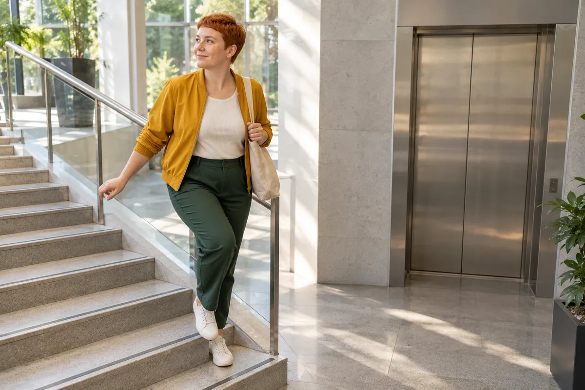Une personne monte un large escalier éclairé près d’un ascenseur, une main proche de la rampe.