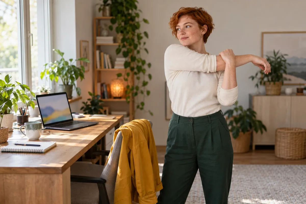 Une personne debout près de son bureau mobilise doucement une épaule entre deux tâches.