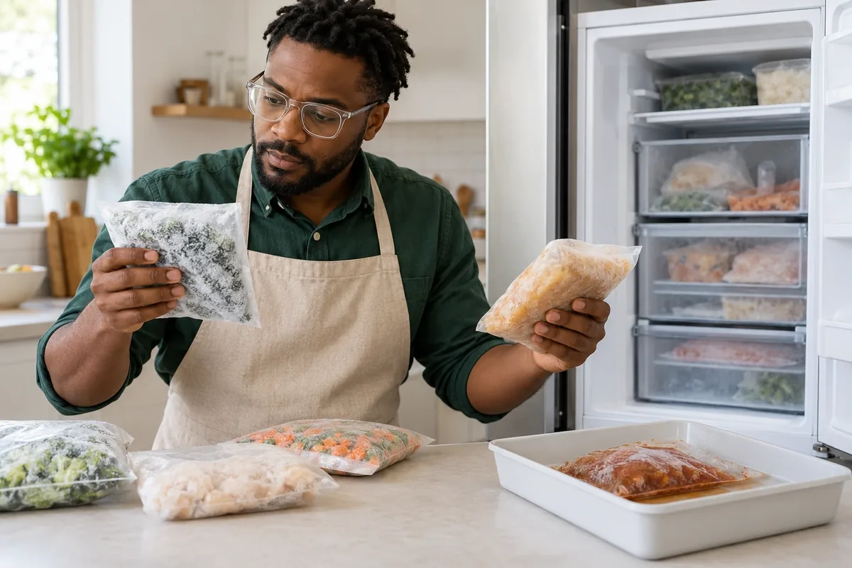 Un homme compare des sachets encore gelés ou ramollis et isole un emballage qui a coulé.