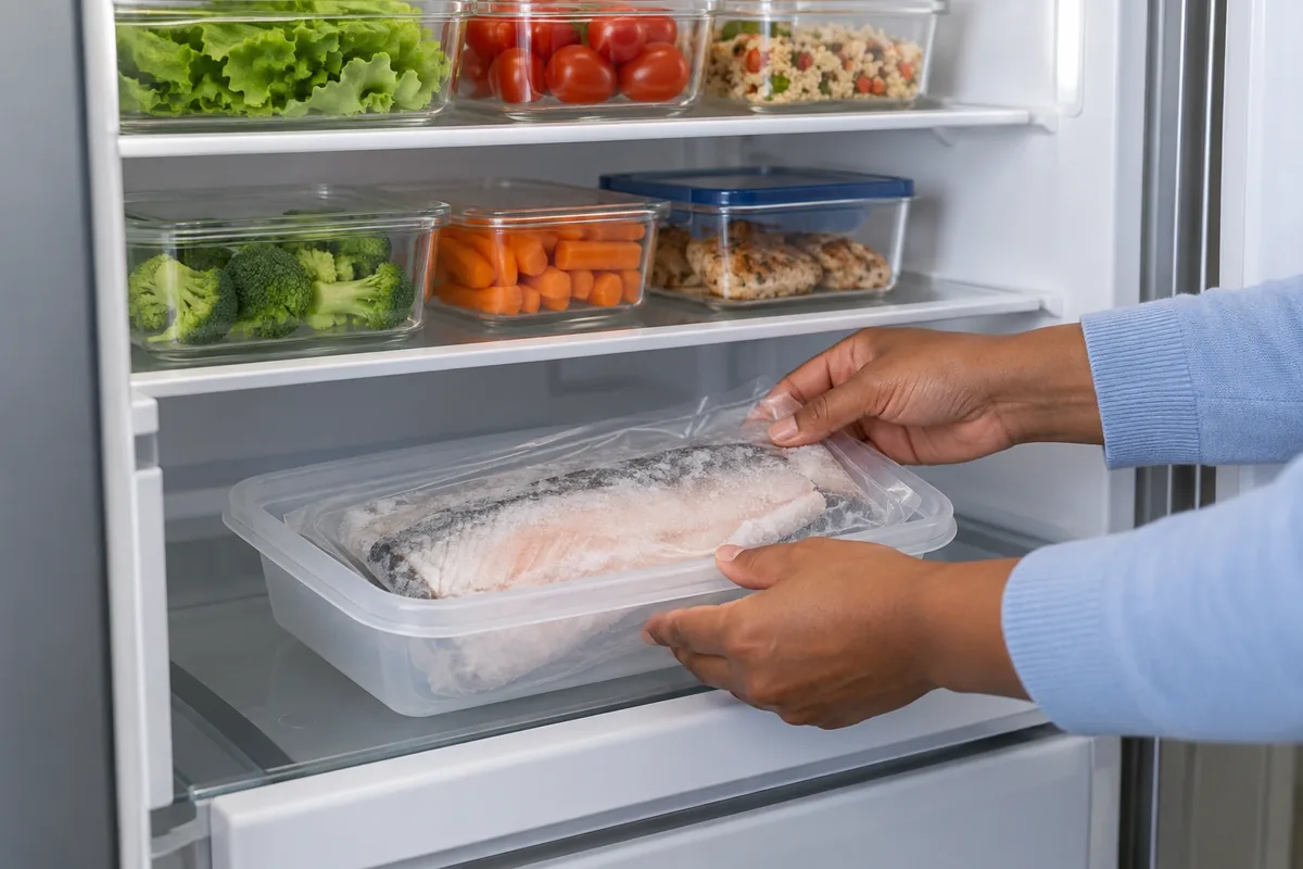 Des mains placent un poisson emballé dans un récipient qui retient les écoulements au réfrigérateur.