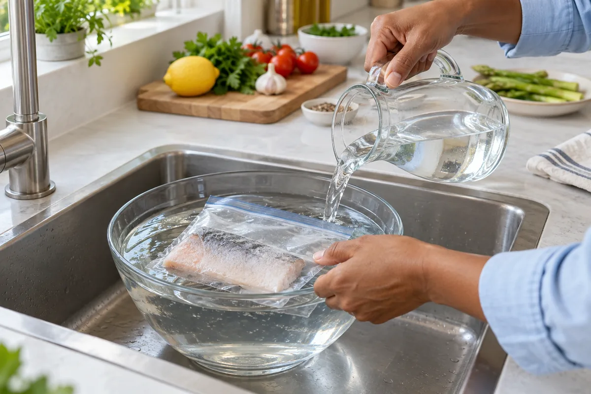Un sachet étanche contenant du poisson gelé repose dans un bol d’eau froide renouvelée à la carafe.