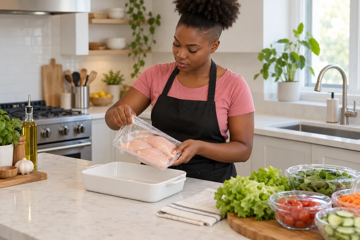 Une femme ouvre un emballage de poulet directement au-dessus d’un plat, loin du robinet fermé.
