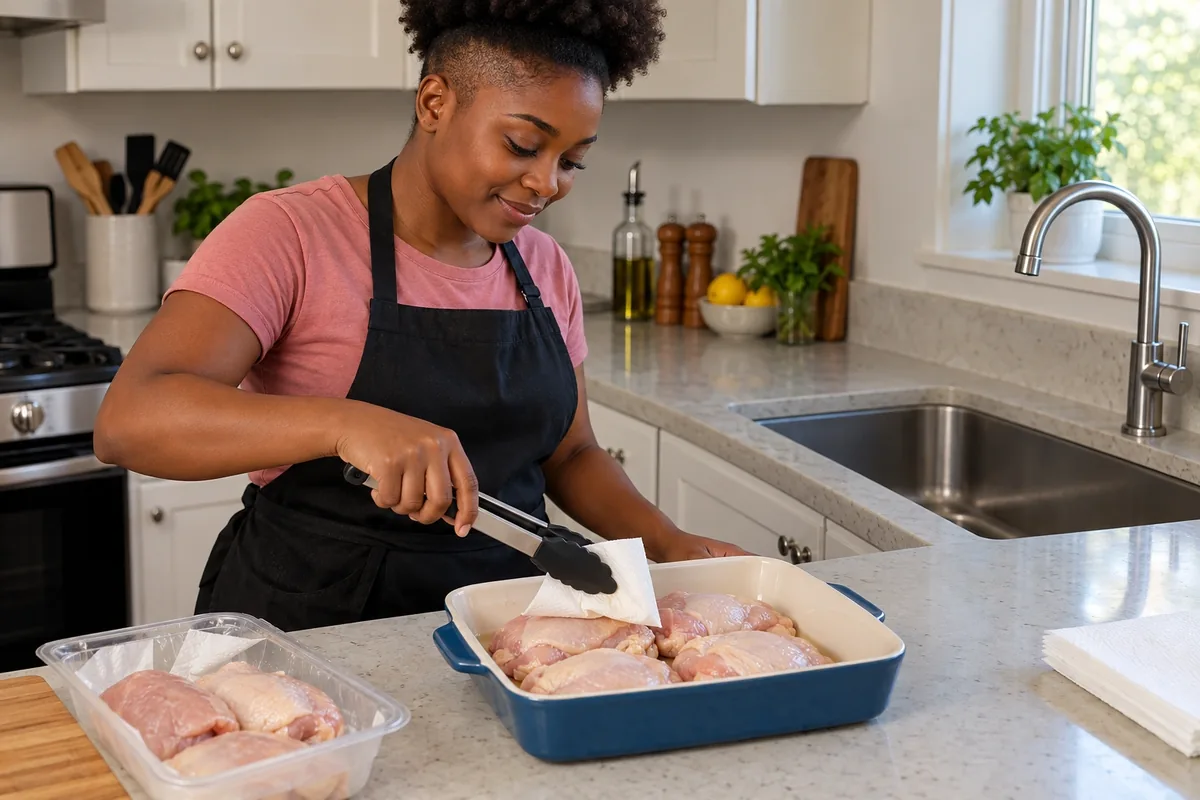Une femme dépose le poulet dans un plat et le tamponne avec du papier tenu par une pince.