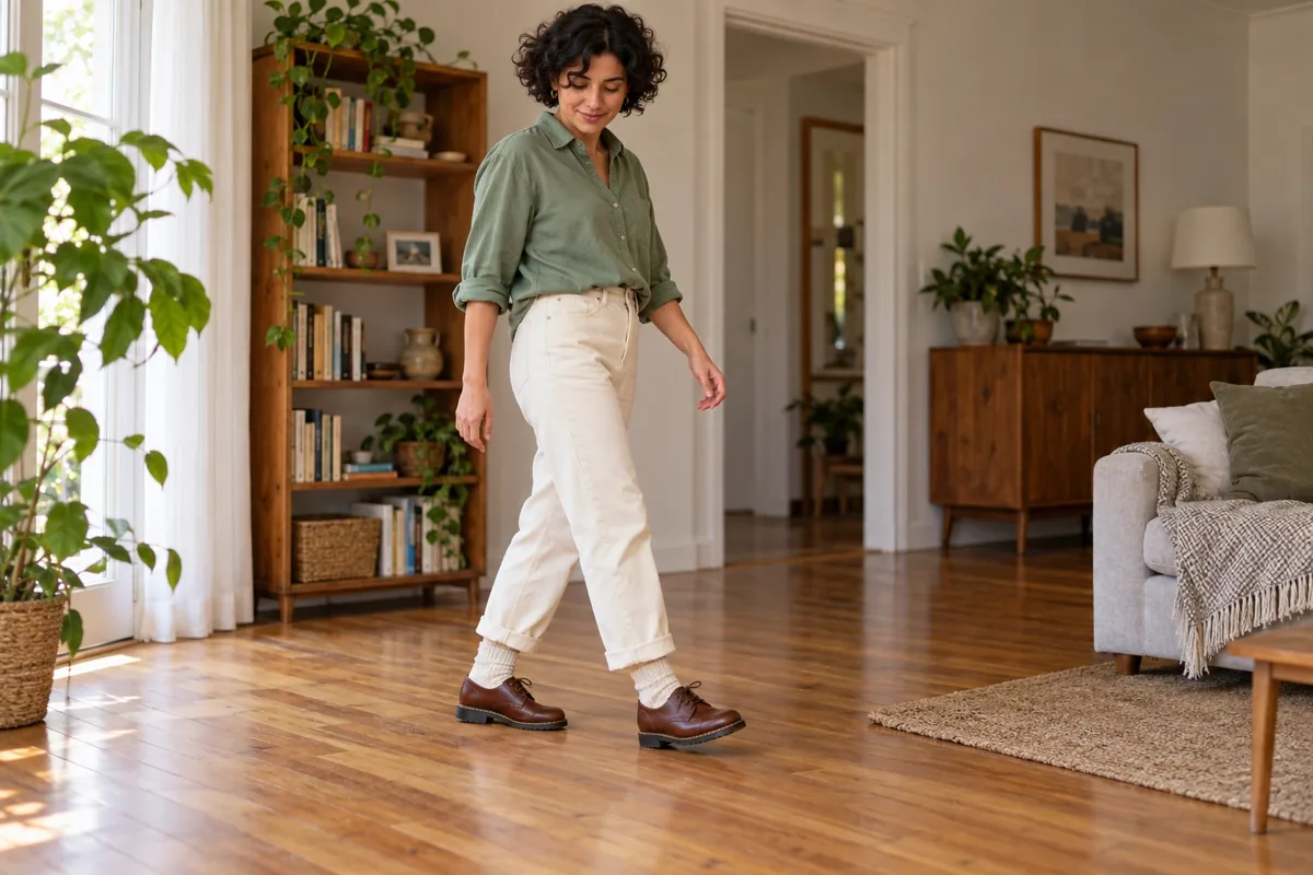 Une femme fait quelques pas prudents chez elle avec des chaussures neuves en cuir brun.