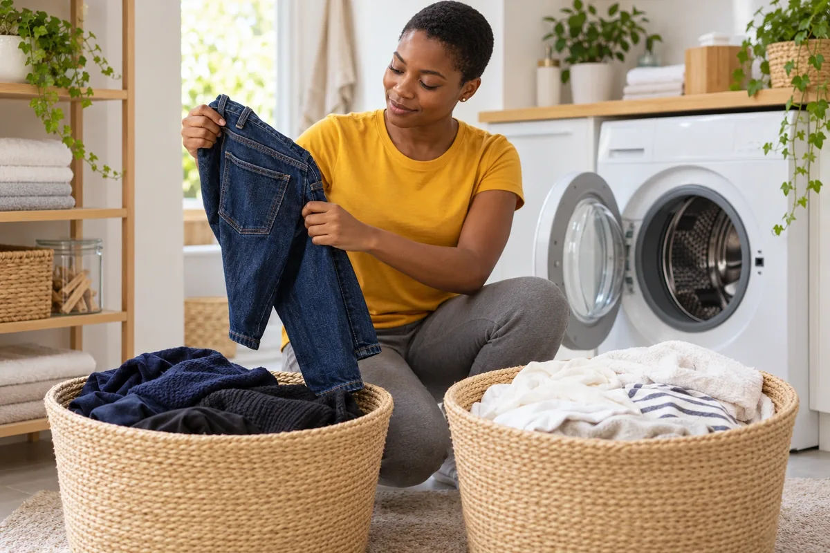 Une jeune femme trie un jean indigo entre un panier de linge sombre et un panier de linge clair.