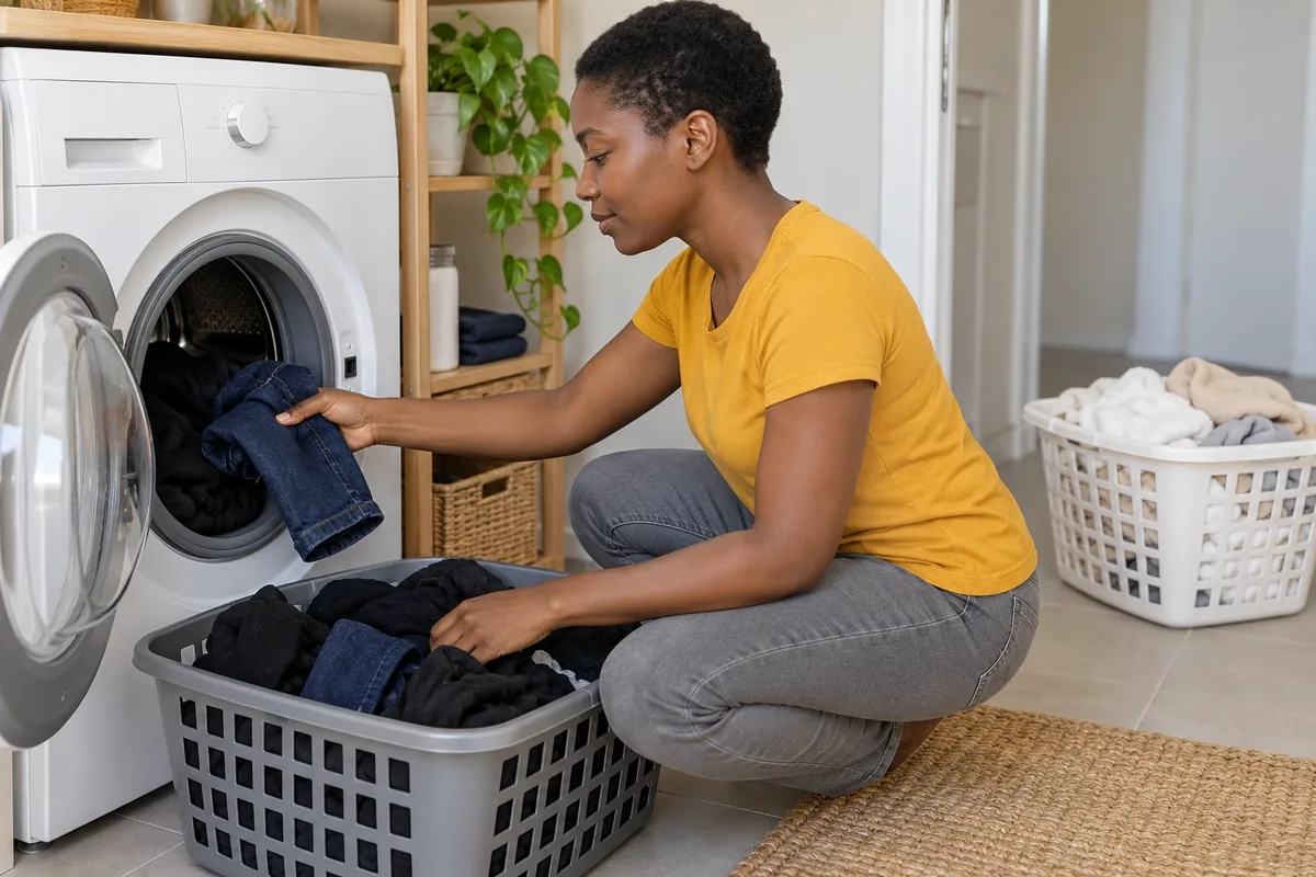 Une jeune femme place un jean indigo avec du linge sombre dans un lave-linge ouvert.