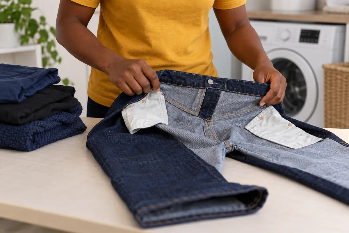 Des mains à peau foncée retournent un jean indigo sur une table près d’un tas de linge sombre.