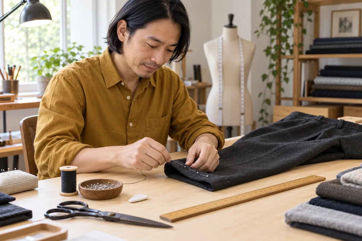 Un homme en chemise ocre prépare à la main l’ourlet d’un pantalon anthracite posé sur une table.