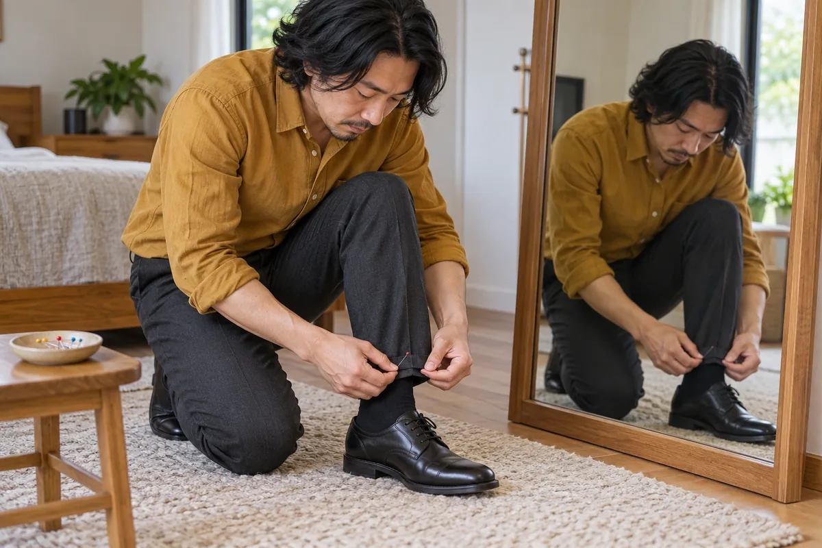 Un homme portant des chaussures noires replie le bas d’un pantalon devant un grand miroir.