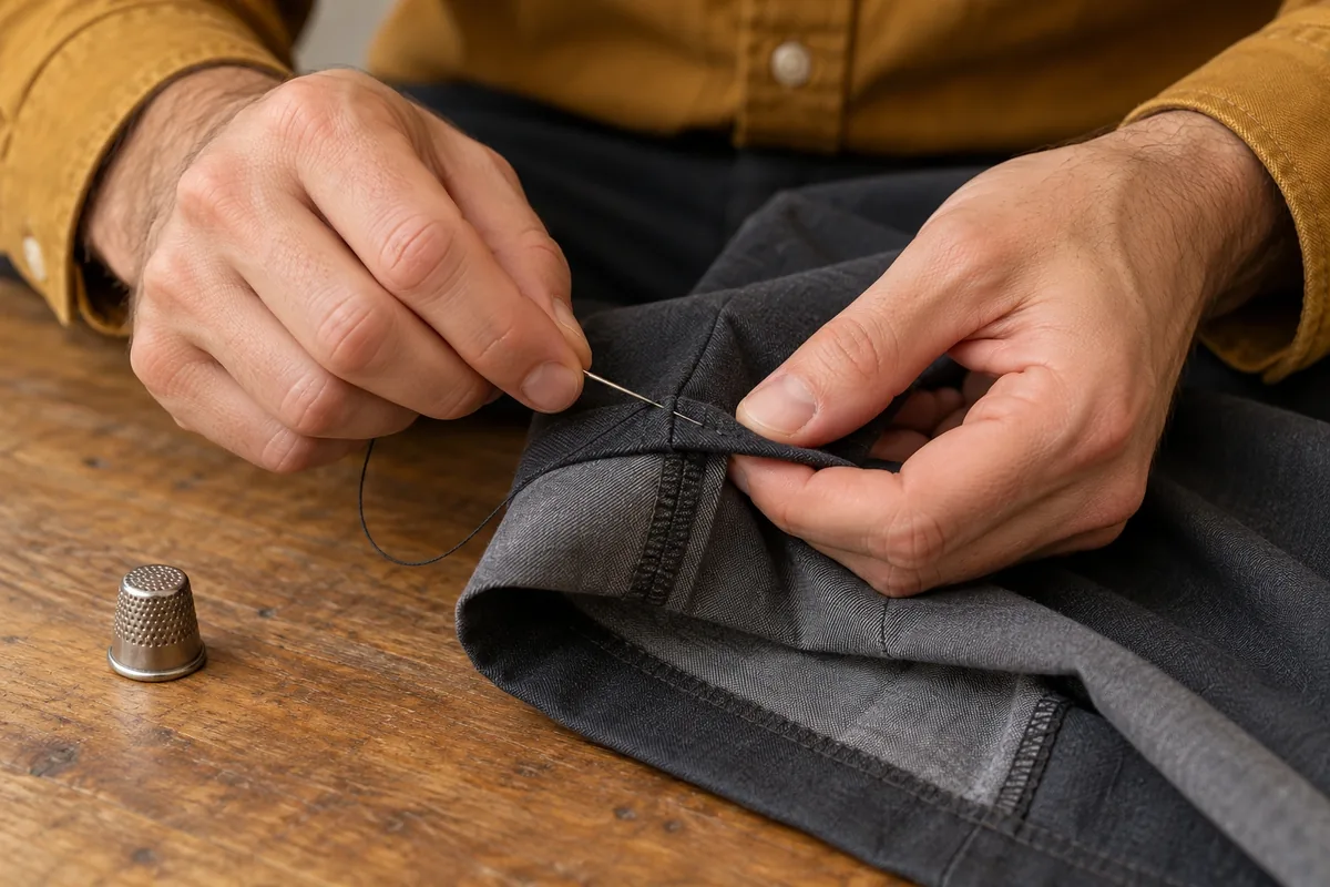 Des mains cousent un petit point discret près de la couture latérale d’un pantalon retourné.