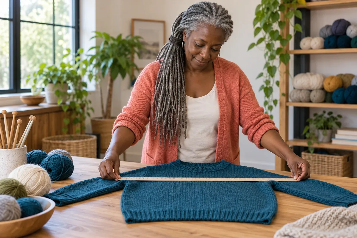 Une femme aux longues locs grises mesure un pull bleu pétrole posé à plat sur une table.