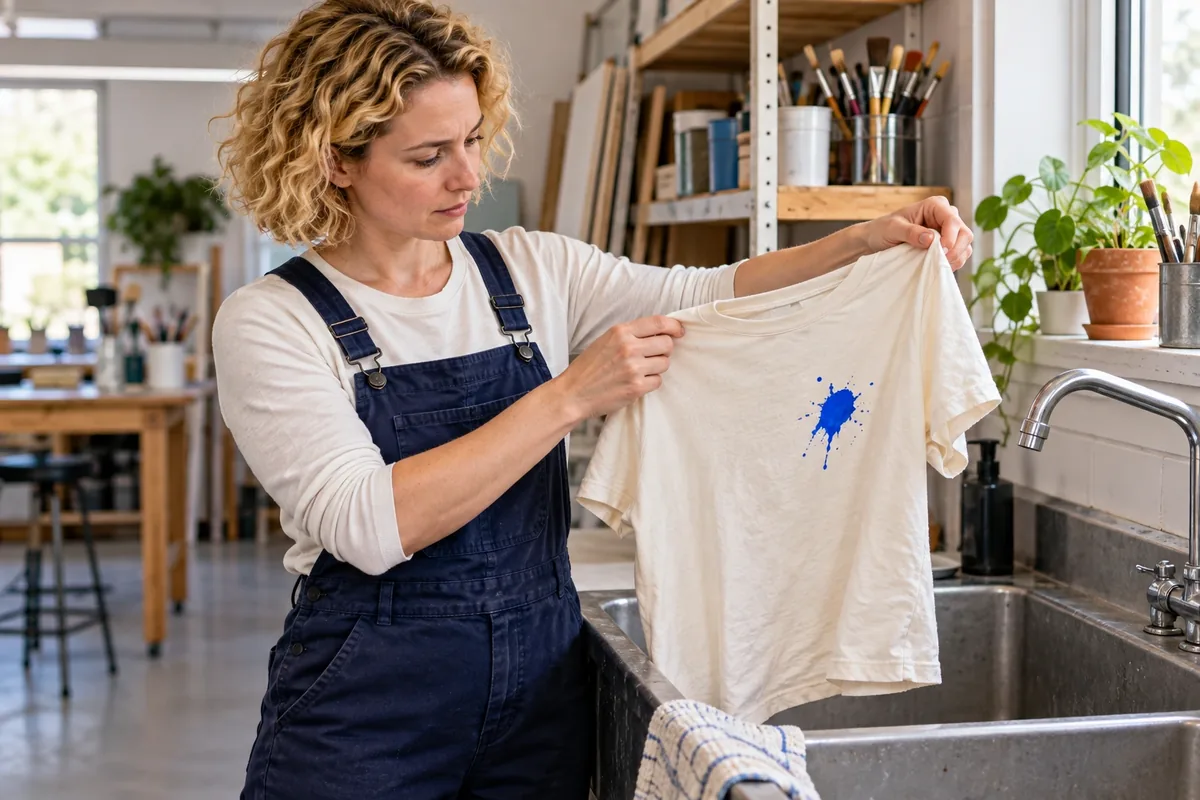 Une femme en salopette bleu marine examine une tache de peinture bleue sur un tee-shirt crème.
