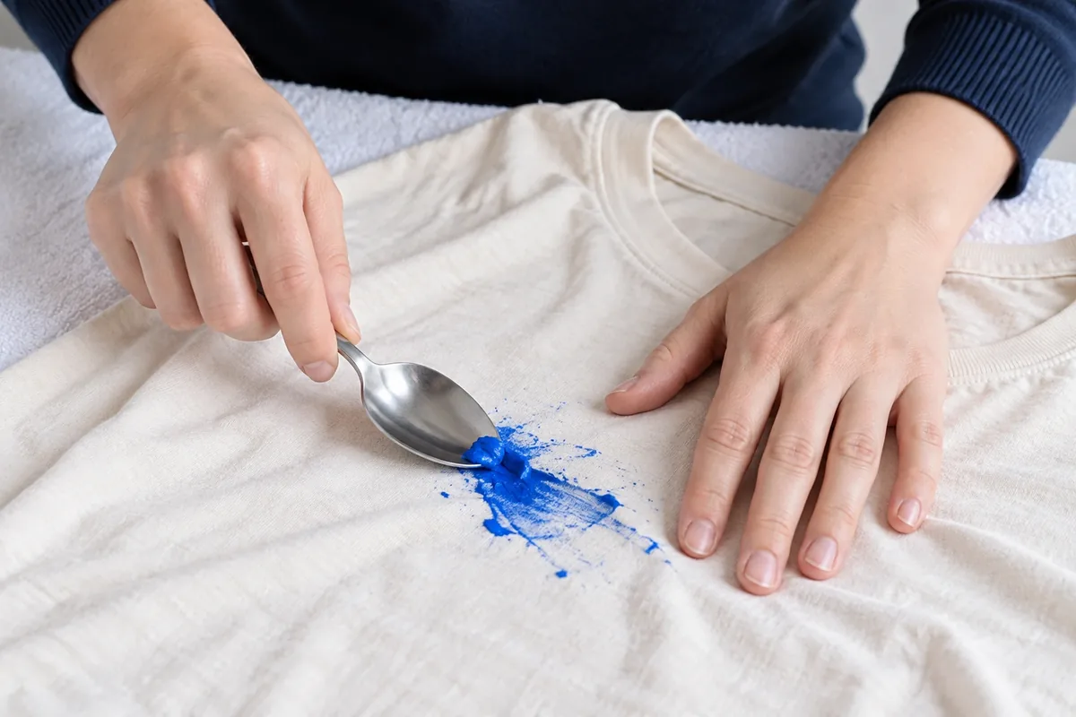Une cuillère retire doucement l’excédent d’une tache bleue sur un tee-shirt posé à plat.