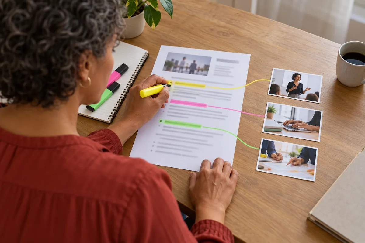 Une femme relie trois passages surlignés d’une offre à trois exemples illustrés de son parcours.
