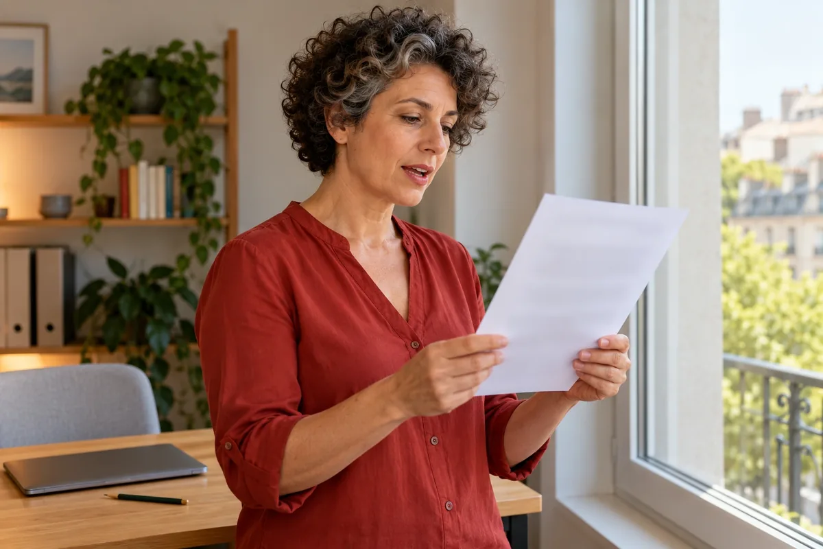 Une femme en blouse rouge brique lit à voix haute une lettre imprimée près d’une fenêtre.