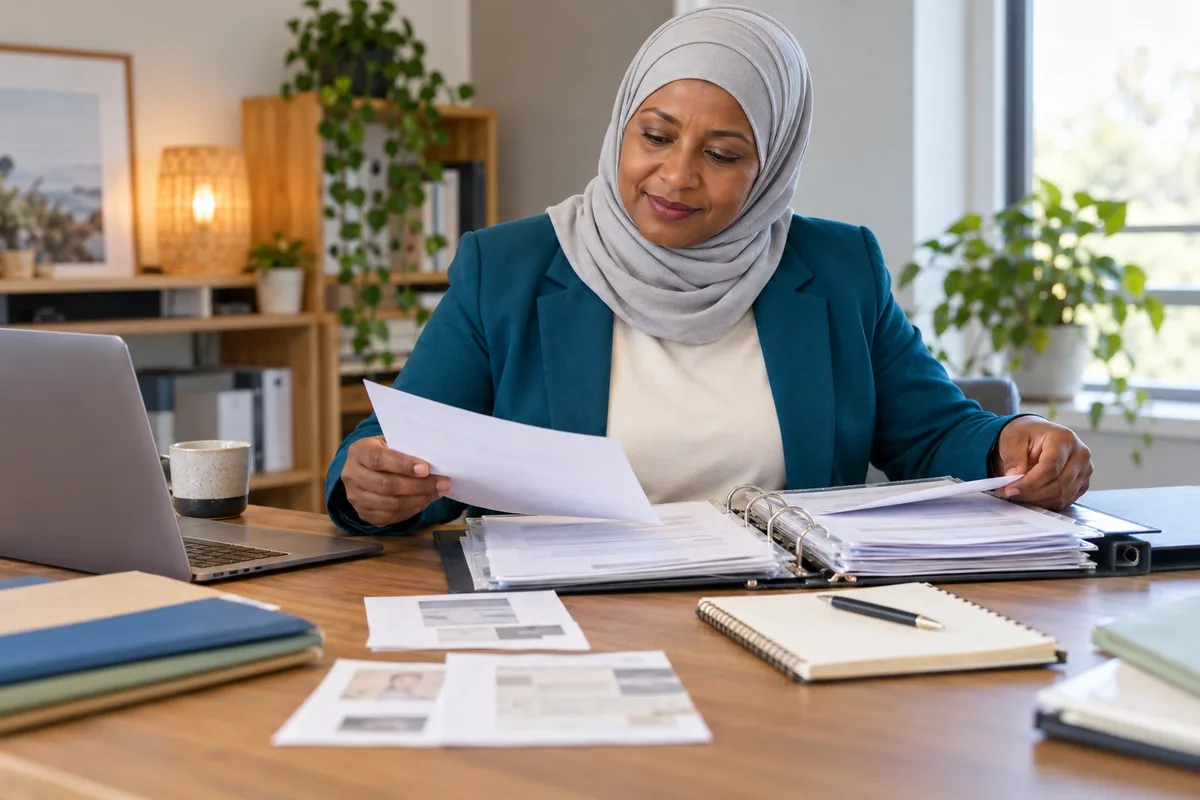 Une femme en hijab gris et blazer bleu canard organise un dossier avec plusieurs documents.