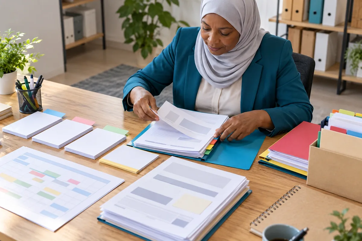 Une femme classe méthodiquement des documents anonymisés avec des intercalaires de couleur.