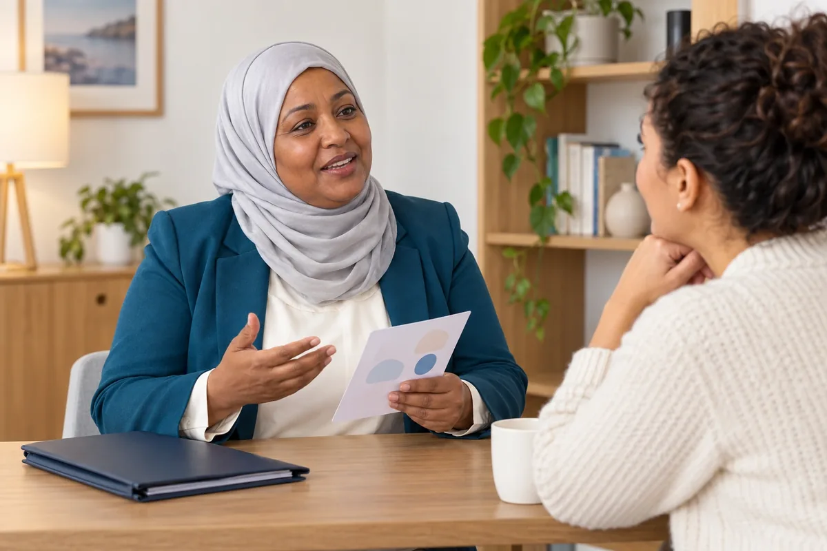 Une femme présente son parcours avec une petite fiche tandis qu’une autre personne l’écoute.