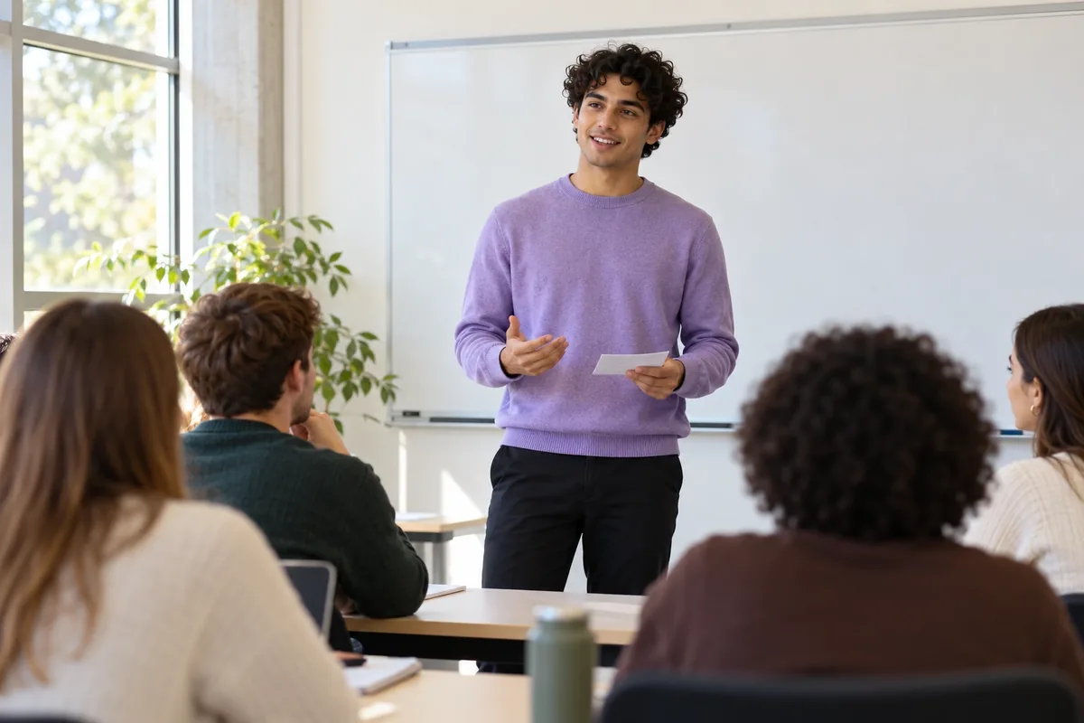 Un jeune homme en pull lavande présente un exposé en regardant un petit groupe d’étudiants.