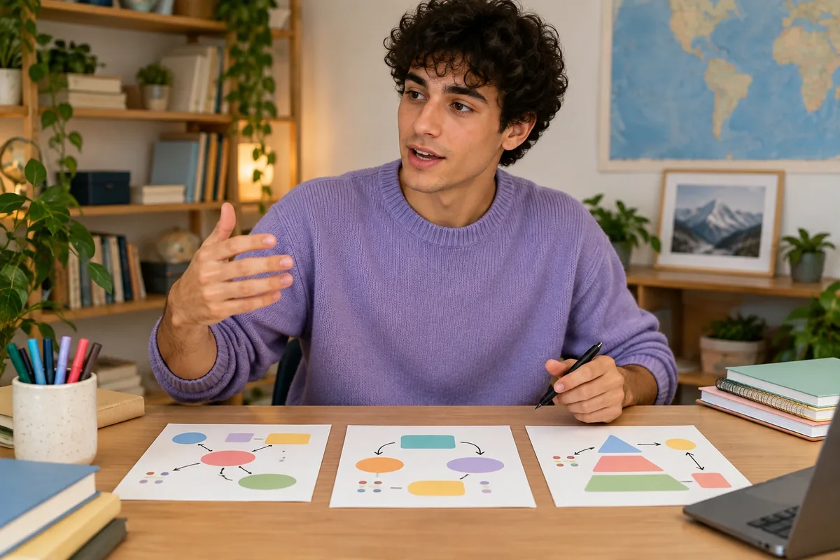 Un jeune homme explique une idée à voix haute devant trois fiches aux repères visuels simples.