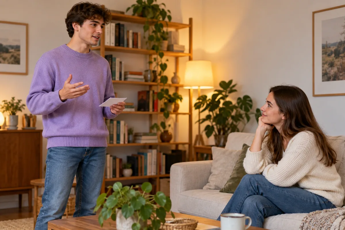 Un jeune homme répète son exposé debout devant une amie attentive dans un salon calme.