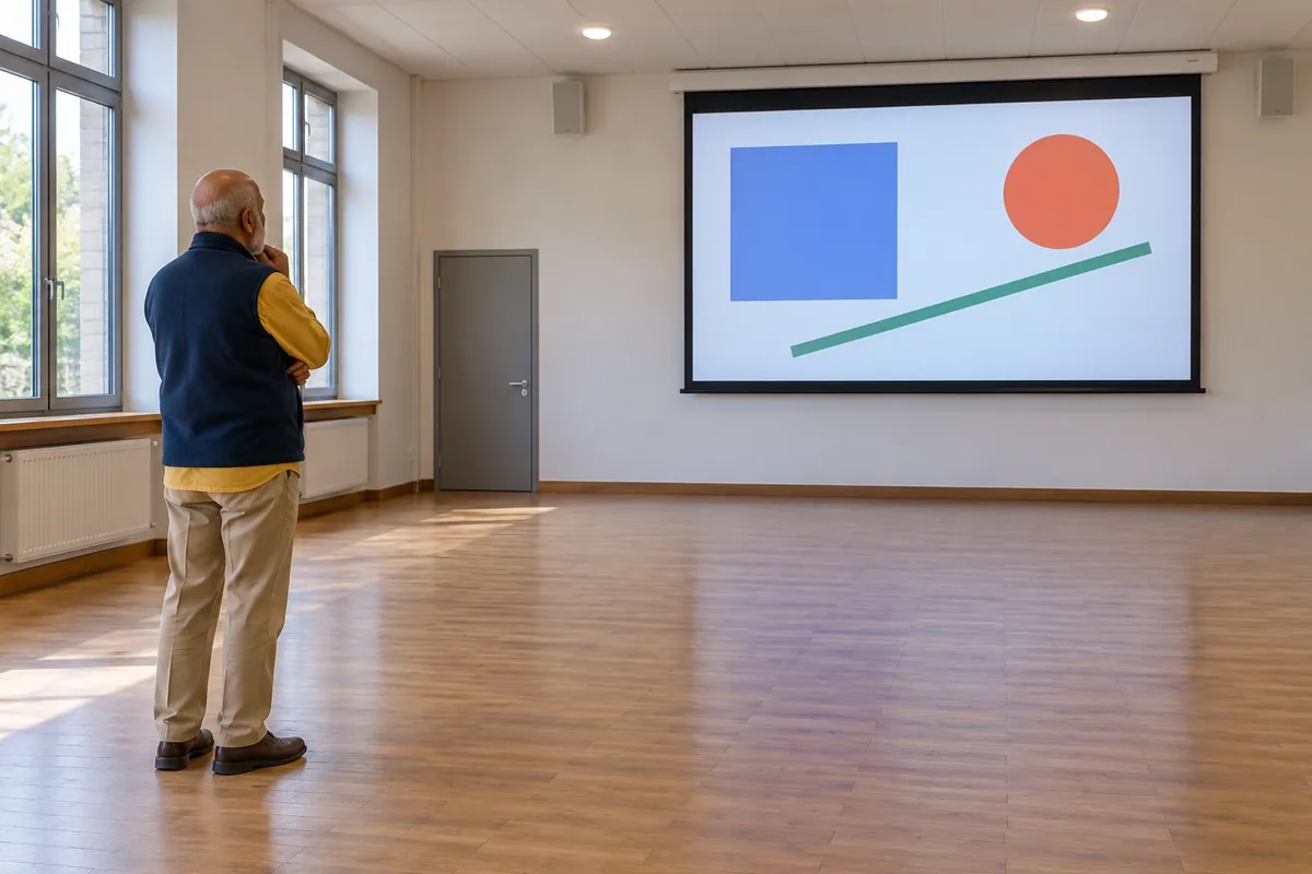 Un homme âgé observe de loin un écran aux formes simples dans une salle municipale vide.