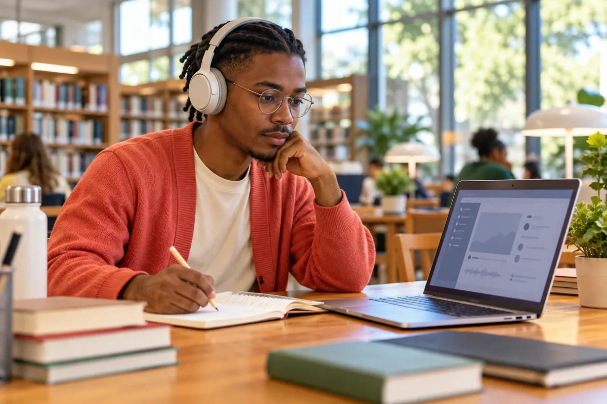 Un jeune homme portant un casque audio étudie devant un ordinateur dans une médiathèque lumineuse.