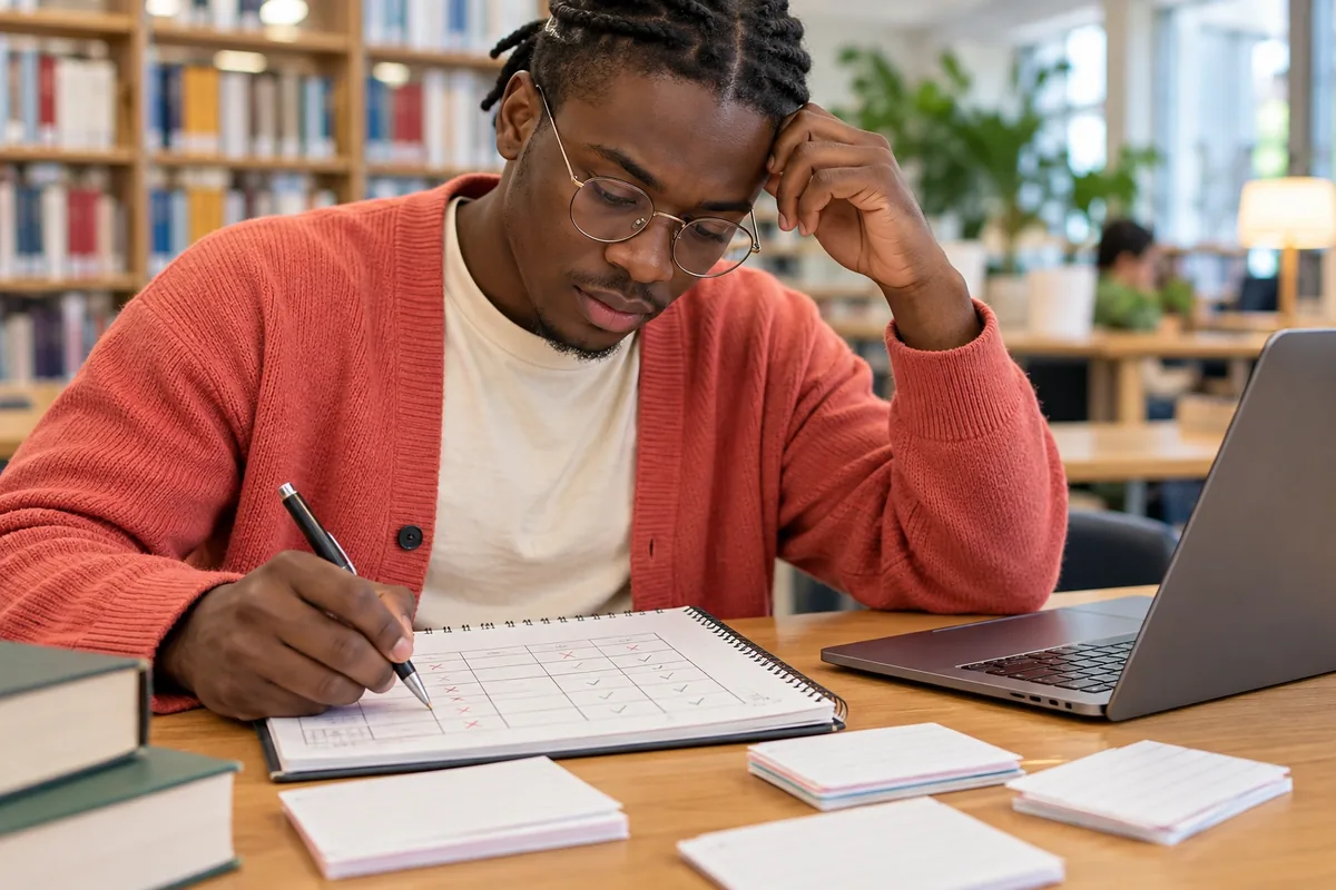 Un jeune homme en cardigan corail examine un tableau de suivi dessiné dans un carnet à spirale.