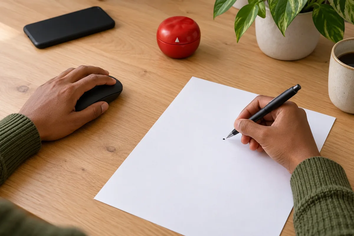 Une main trace un point sur une feuille blanche tandis que l’autre repose sur une souris noire.