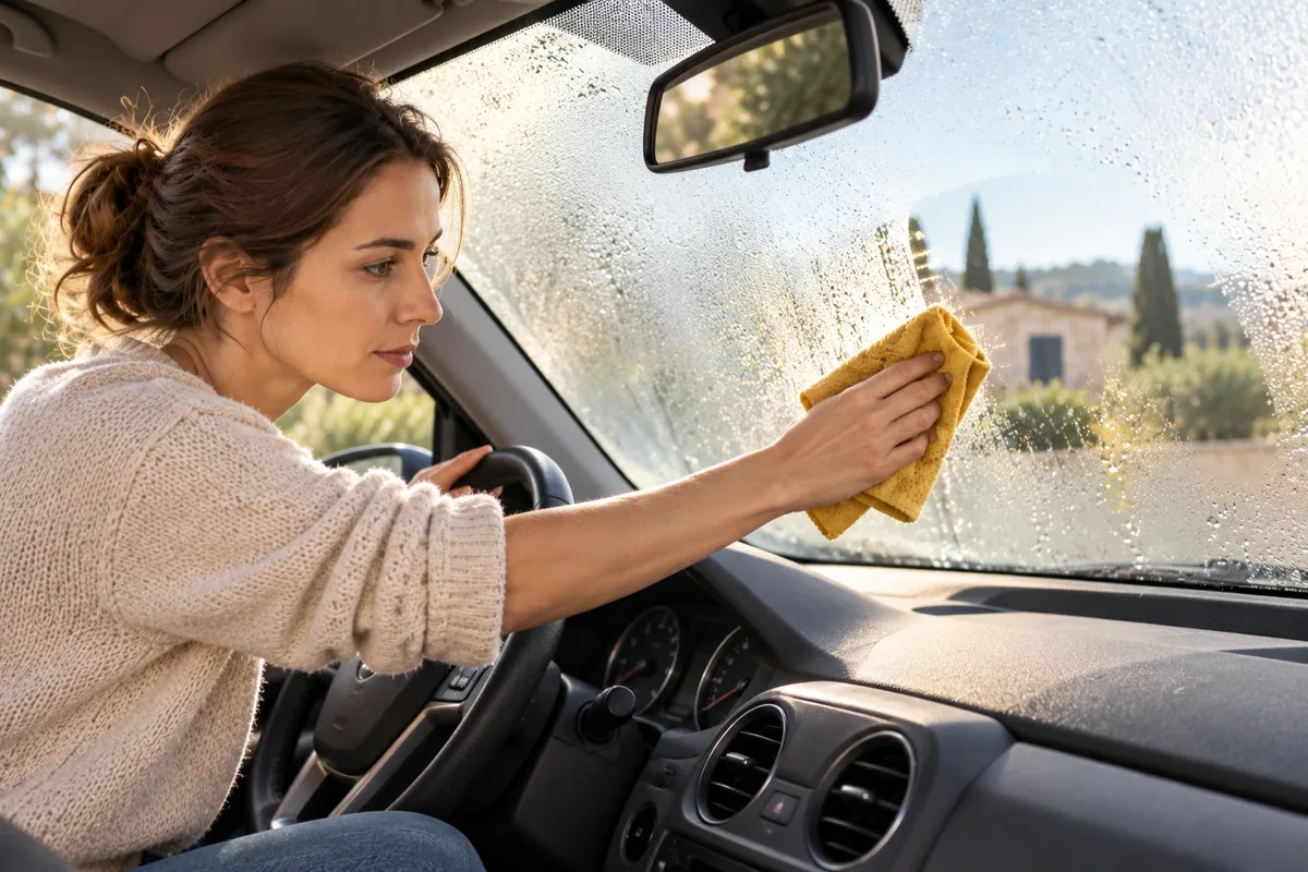 Pare-brise embué vu depuis l'intérieur d'une voiture