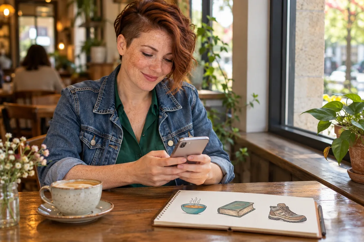 Une femme rousse consulte son téléphone près d’un carnet illustré par trois activités concrètes.