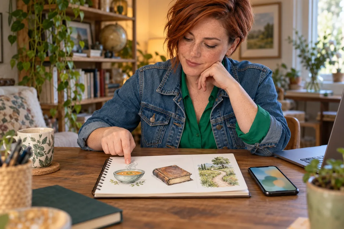 Une femme désigne trois dessins de soupe, de livre et de sentier dans un carnet ouvert.