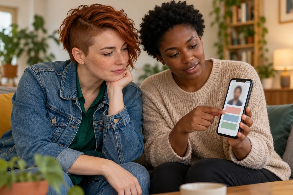 Deux amies relisent ensemble un profil abstrait affiché sur un téléphone dans un salon.