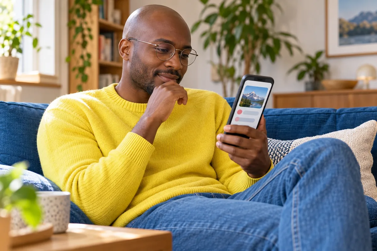 Un homme en pull jaune observe un profil avec une photo de montagne sur son téléphone.