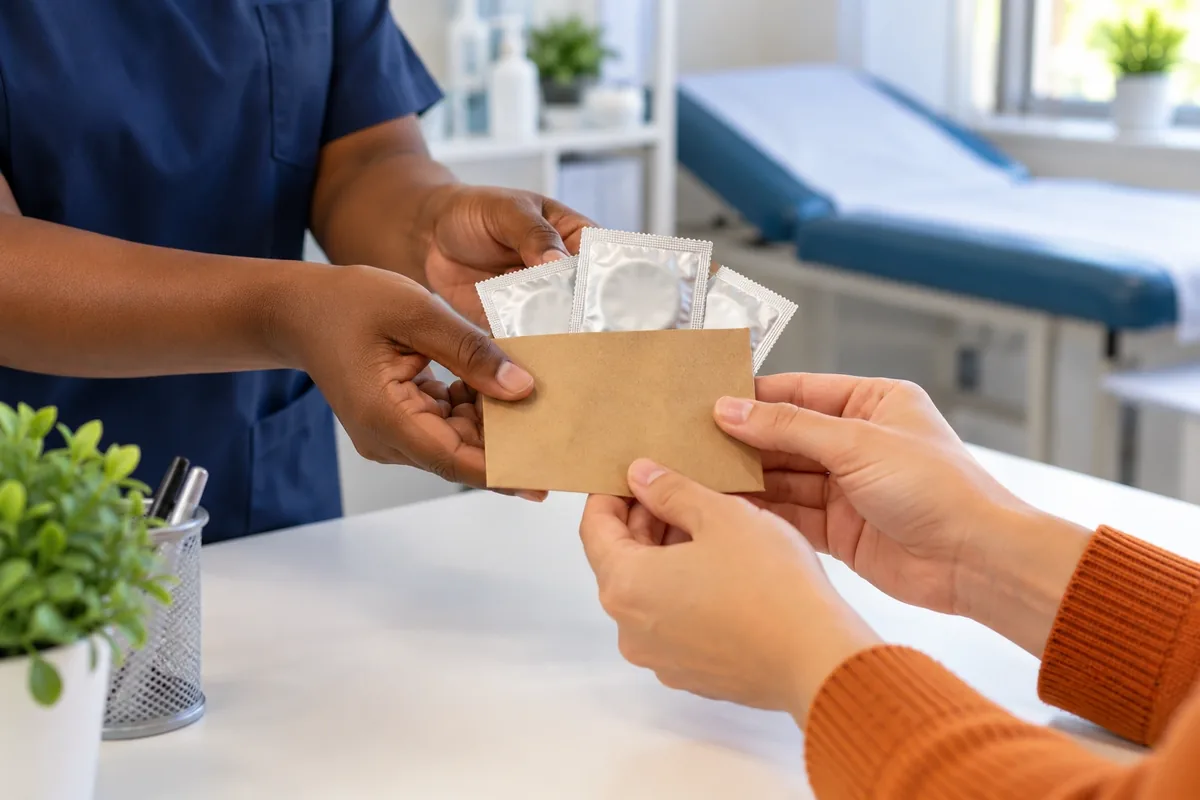 Des mains remettent trois emballages neutres dans une pochette kraft au sein d’un centre de santé.