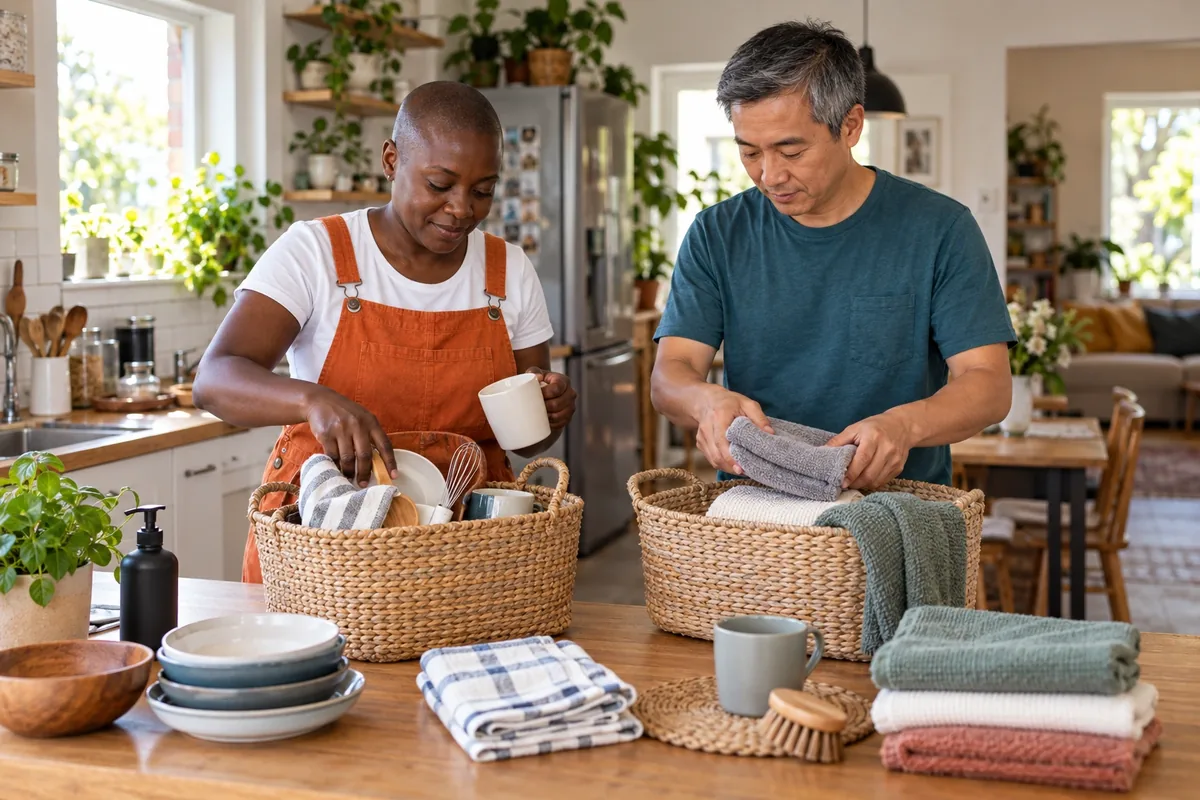 Un couple répartit calmement vaisselle et linge entre deux paniers dans une cuisine lumineuse.