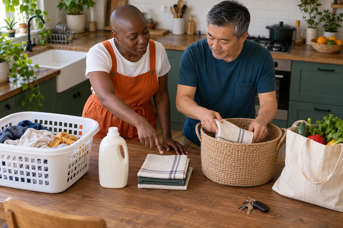 Une femme et un homme trient ensemble linge, torchons et courses en observant chaque étape utile.